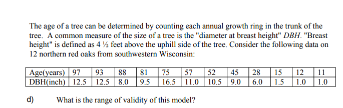 The age of a tree can be determined by counting each annual growth ring in the trunk of the
tree. A common measure of the size of a tree is the "diameter at breast height" DBH. "Breast
height" is defined as 4 ½ feet above the uphill side of the tree. Consider the following data on
12 northern red oaks from southwestern Wisconsin:
11
15
28
1.5 1.0
6.0
45
12
52
16.5 11.0 | 10.5 9.0
Age(years) | 97
93
88
81
75
57
1.0
DBH(inch) | 12.5 12.5 8.0 9.5
d)
What is the range of validity of this model?
