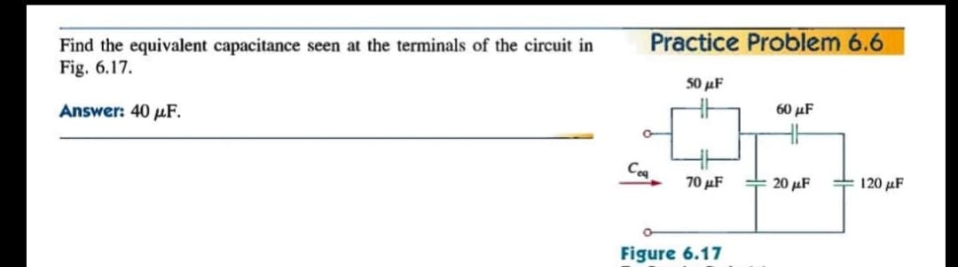 Practice Problem 6.6
Find the equivalent capacitance seen at the terminals of the circuit in
Fig. 6.17.
50 μF
Answer: 40 pF.
60 μF
Cea
70 μF
20 µF
수 120 μF
Figure 6.17
