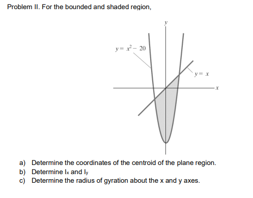 Problem II. For the bounded and shaded region,
y= x - 20
y= x
a) Determine the coordinates of the centroid of the plane region.
b) Determine Ix and ly
c) Determine the radius of gyration about the x and y axes.
