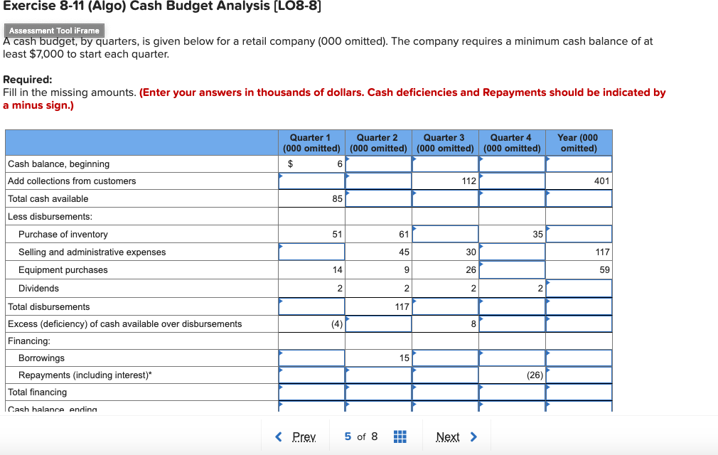 Exercise 8-11 (Algo) Cash Budget Analysis [LO8-8]
Assessment Tool iFrame
A cash budget, by quarters, is given below for a retail company (000 omitted). The company requires a minimum cash balance of at
least $7,000 to start each quarter.
Required:
Fill in the missing amounts. (Enter your answers in thousands of dollars. Cash deficiencies and Repayments should be indicated by
a minus sign.)
Cash balance, beginning
Add collections from customers
Total cash available
Less disbursements:
Purchase of inventory
Selling and administrative expenses
Equipment purchases
Dividends
Total disbursements
Excess (deficiency) of cash available over disbursements
Financing:
Borrowings
Repayments (including interest)*
Total financing
Cash balance ending
Quarter 1
(000 omitted)
$
< Prev.
6
85
51
14
2
Quarter 2
(000 omitted)
61
45
9
2
117
15
5 of 8 #
Quarter 3
(000 omitted)
112
30
26
2
8
Next >
Quarter 4
(000 omitted)
35
2
(26)
Year (000
omitted)
401
117
59