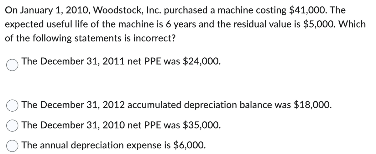 On January 1, 2010, Woodstock, Inc. purchased a machine costing $41,000. The
expected useful life of the machine is 6 years and the residual value is $5,000. Which
of the following statements is incorrect?
The December 31, 2011 net PPE was $24,000.
The December 31, 2012 accumulated depreciation balance was $18,000.
The December 31, 2010 net PPE was $35,000.
The annual depreciation expense is $6,000.