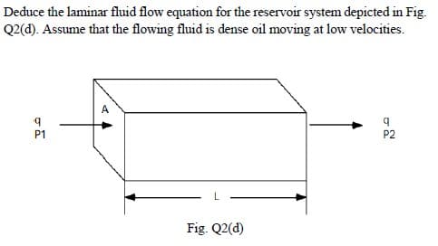 Deduce the laminar fluid flow equation for the reservoir system depicted in Fig.
Q2(d). Assume that the flowing fluid is dense oil moving at low velocities.
A
P1
P2
Fig. Q2(d)
