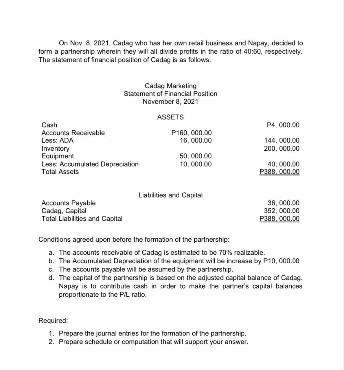 On Nov. 8, 2021, Cadag who has her own retail business and Napay, decided to
form a partnership wherein they will all divide profits in the ratio of 40:60, respectively.
The statement of financial position of Cadag is as follows:
Cadag Marketing
Statement of Financial Position
November 8, 2021
ASSETS
Cash
Accounts Receivable
Less: ADA
P4, 000.00
P160, 000.00
16, 000.00
144, 000.00
200, 000.00
Inventory
Equipment
Less: Accumulated Depreciation
Total Assets
50, 000.00
10, 000.00
40, 000.00
P388, 000.00
Liabilities and Capital
Accounts Payable
Cadag, Capital
Total Liabilities and Capital
36, 000.00
352, 000.00
P388, 000.00
Conditions agreed upon before the formation of the partnership:
a. The accounts receivable of Cadag is estimated to be 70% realizable.
b. The Accumulated Depreciation of the equipment will be increase by P10, 000.00
c. The accounts payable will be assumed by the partnership.
d. The capital of the partnership is based on the adjusted capital balance of Cadag.
Napay is to contribute cash in order to make the partner's capital balances
proportionate to the P/L ratio.
Required:
1. Prepare the journal entries for the formation of the partnership.
2. Prepare schedule or computation that will support your answer.
