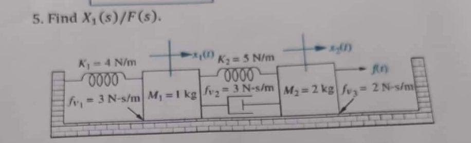 5. Find X₁ (s)/F(s).
+
K₁ = 4 N/m
0000
for
v₁ = 3 N-s/m| M₁ = 1 kg|fv₂=3 N-s/m| M₂=2 kg|fv₂= 2 N-s/m
[+
►x,(1)
K₂ = 5 N/m
0000