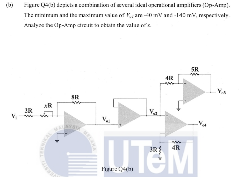 (b)
Figure Q4(b) depicts a combination of several ideal operational amplifiers (Op-Amp).
The minimum and the maximum value of Vo4 are -40 mV and -140 mV, respectively.
Analyze the Op-Amp circuit to obtain the value of x.
2R
xR
VERSITI
8R
m
MALAYSIA
MELAKA
Vo1
V₂₂
4R
5R
www
3R
UTM
Figure Q4(b)
4R
04
03