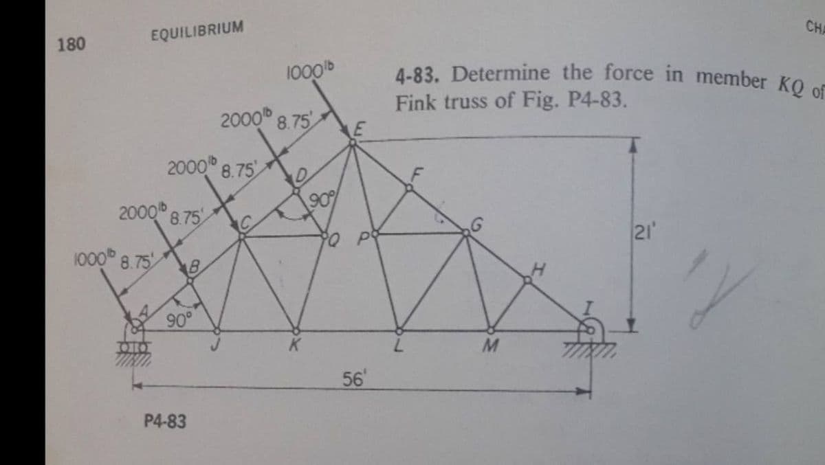 4-83. Determine the force in member KQ of
180
EQUILIBRIUM
CHA
1000b
Fink truss of Fig. P4-83.
E
2000 8.75
2000 8.75
2000b
90
8.75
21
1000 8.75
18
ý 90°
56
P4-83
