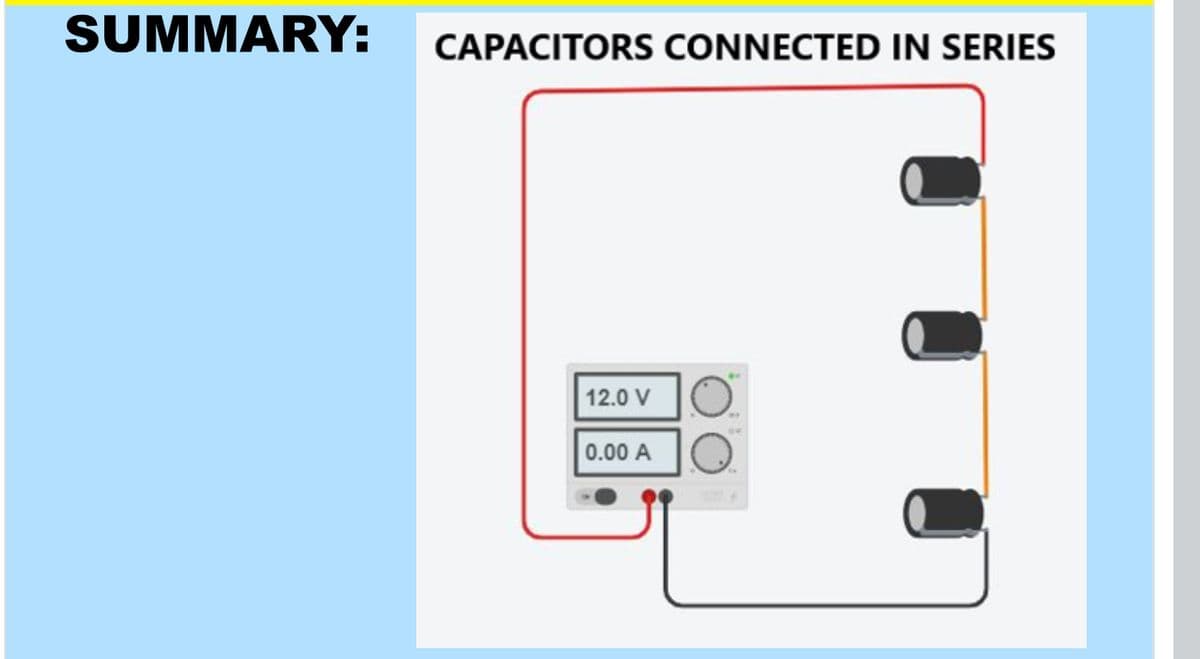 SUMMARY:
CAPACITORS CONNECTED IN SERIES
12.0 V
0.00 A
