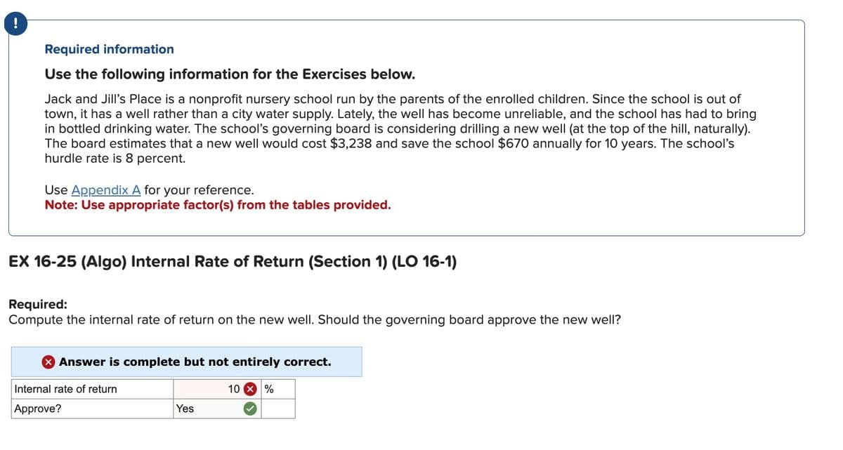 !
Required information
Use the following information for the Exercises below.
Jack and Jill's Place is a nonprofit nursery school run by the parents of the enrolled children. Since the school is out of
town, it has a well rather than a city water supply. Lately, the well has become unreliable, and the school has had to bring
in bottled drinking water. The school's governing board is considering drilling a new well (at the top of the hill, naturally).
The board estimates that a new well would cost $3,238 and save the school $670 annually for 10 years. The school's
hurdle rate is 8 percent.
Use Appendix A for your reference.
Note: Use appropriate factor(s) from the tables provided.
EX 16-25 (Algo) Internal Rate of Return (Section 1) (LO 16-1)
Required:
Compute the internal rate of return on the new well. Should the governing board approve the new well?
> Answer is complete but not entirely correct.
Internal rate of return
Approve?
10x%
Yes