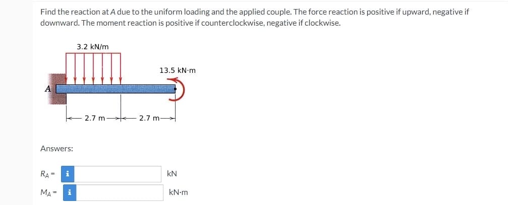 Find the reaction at A due to the uniform loading and the applied couple. The force reaction is positive if upward, negative if
downward. The moment reaction is positive if counterclockwise, negative if clockwise.
3.2 kN/m
13.5 kN:m
A
2.7 m 2.7 m-
Answers:
RA =
i
kN
MA =
i
kN-m
