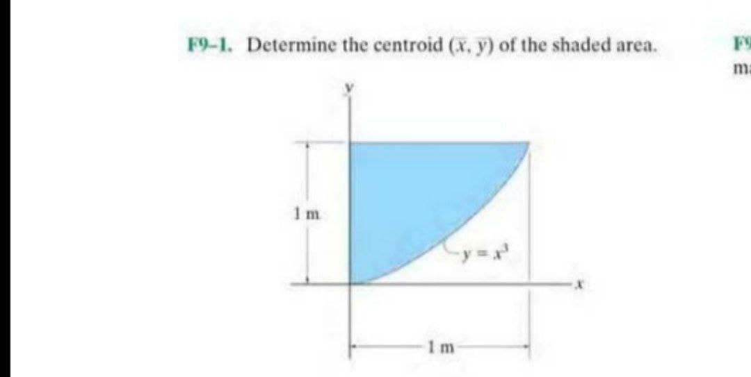 F9-1. Determine the centroid (x, y) of the shaded area.
1m
1m
ma