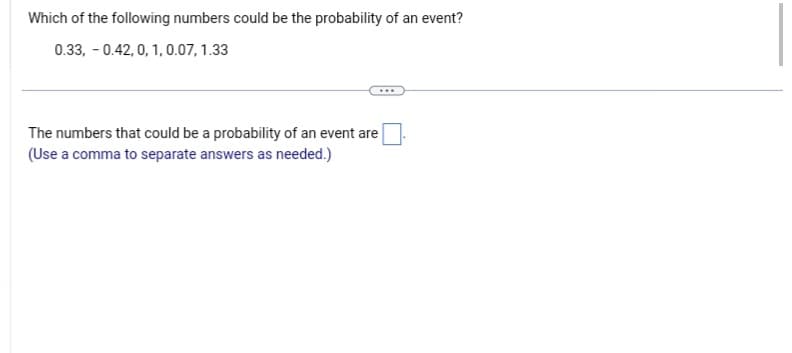 Which of the following numbers could be the probability of an event?
0.33, 0.42, 0, 1, 0.07, 1.33
The numbers that could be a probability of an event are
(Use a comma to separate answers as needed.)