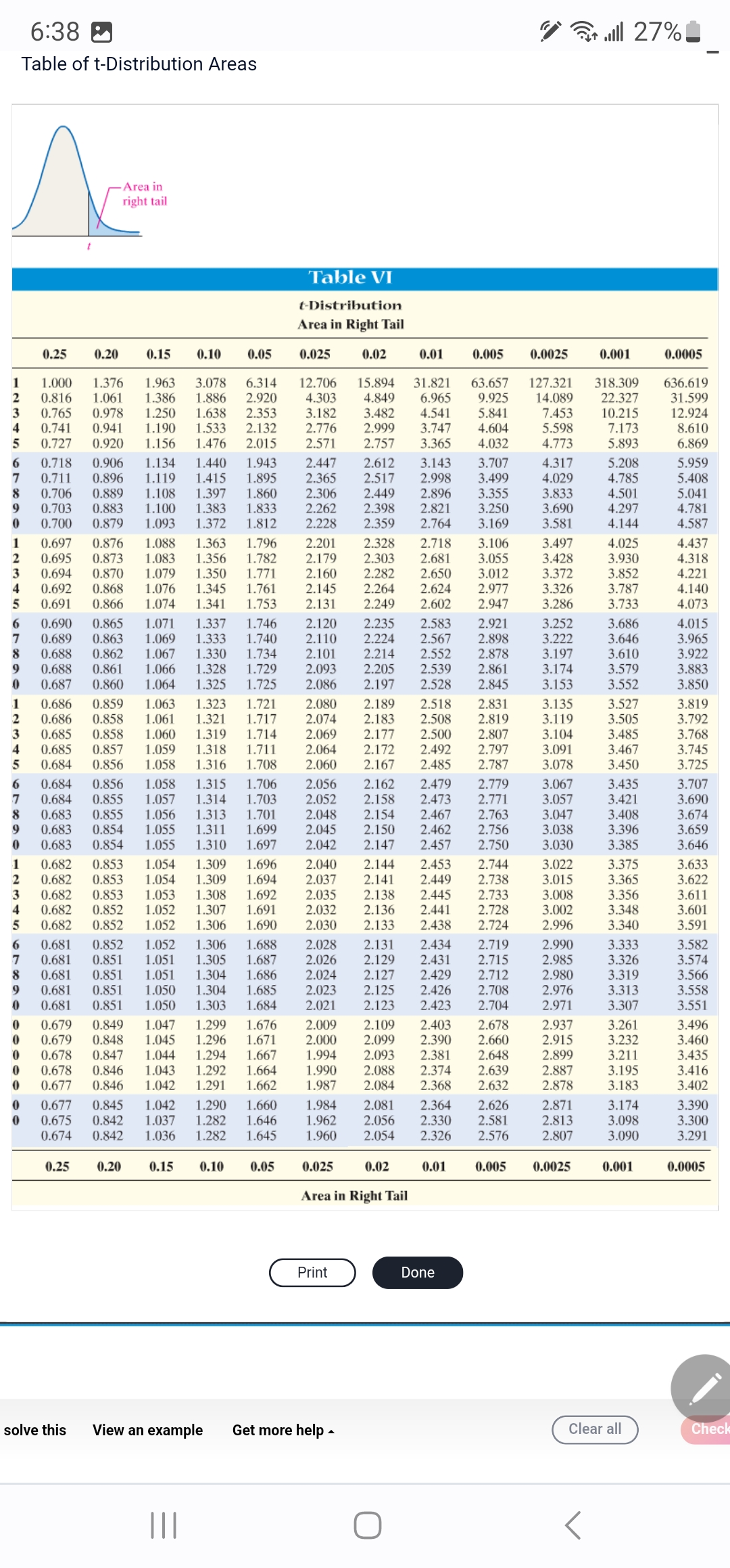 6:38
Table of t-Distribution Areas
0.25
1
2
3
4 0.741
5
9
0
1.000 1.376 1.963
0.816
1.061
1.386
0.765 0.978
1.250
0.941
1.190
1.156
0.727 0.920
6
7
8 0.688
0.20
1 0.697 0.876 1.088
2 0.695 0.873
1.083
3 0.694 0.870 1.079
0.868 1.076
4
0.692
5
0.691
0.866
1.074
-Area in
right tail
0.690 0.865
0.689
0.688
0.687
1
2 0.682
6 0.684 0.856
7 0.684
0.855
8 0.683 0.855
9
0.683 0.854
0
0.683 0.854
0.25
0.15
1.071
1.069
0.863
0.862
1.067
0.861 1.066
0.860
solve this
6 0.718 0.906
1.134
1.440 1.943
2.447
2.612 3.143
3.707
7
2.365 2.517 2.998
3.499
3.250
3.169
0.711 0.896
1.119 1.415 1.895
8 0.706 0.889 1.108 1.397 1.860 2.306 2.449 2.896 3.355
9 0.703 0.883 1.100 1.383 1.833 2.262 2.398 2.821
0 0.700 0.879 1.093 1.372 1.812 2.228 2.359 2.764
1.363 1.796 2.201 2.328 2.718
1.356 1.782 2.179 2.303 2.681
1.350 1.771 2.160
1.345 1.761 2.145
1.341 1.753 2.131
2.282 2.650
2.264 2.624
2.249 2.602
0.682 0.853
0.853
0.682 0.853
3
4
0.682 0.852
5 0.682 0.852
0.20
0.10
0.05
3.078 6.314
1.886 2.920
1.638 2.353
1.533 2.132
1.476
2.015
1.337 1.746
1.333 1.740
1.330 1.734
1.328 1.729
1.064 1.325 1.725
0.15 0.10
|||
Table VI
t-Distribution
Area in Right Tail
0.025
12.706
4.303
3.182
2.776
2.571
1
2.080
2.189
2.831
2.074
2.183
2.819
2.500 2.807
2.492 2.797
2.167 2.485 2.787
0.686 0.859 1.063 1.323 1.721
2 0.686 0.858 1.061 1.321 1.717
3 0.685 0.858 1.060 1.319 1.714
4 0.685 0.857
1.059 1.318 1.711
5 0.684 0.856 1.058 1.316 1.708
1.058 1.315 1.706
1.057 1.314 1.703
1.056 1.313 1.701
1.055 1.311 1.699 2.045 2.150 2.462 2.756
1.055 1.310 1.697 2.042 2.147
1.054 1.309 1.696 2.040 2.144
1.054 1.309 1.694 2.037 2.141
1.053 1.308 1.692
1.052 1.307 1.691
1.052 1.306 1.690
2.069 2.177
2.064 2.172
2.060
2.056 2.162 2.479 2.779
2.052 2.158 2.473 2.771
2.048 2.154 2.467 2.763
2.457 2.750
2.453
2.449 2.738
2.744
2.733
2.136 2.441 2.728
2.133
2.438
2.724
2.131
2.434
2.719
2.431 2.715
2.429 2.712
2.035 2.138 2.445
2.032
2.030
6 0.681 0.852 1.052 1.306 1.688 2.028
7 0.681 0.851 1.051 1.305 1.687 2.026 2.129
8 0.681 0.851 1.051 1.304 1.686 2.024 2.127
9 0.681 0.851 1.050 1.304 1.685 2.023 2.125
2.426 2.708
0 0.681 0.851 1.050 1.303 1.684 2.021 2.123 2.423 2.704
0.679
0.849 1.047 1.299 1.676 2.009 2.109
0 0.679 0.848 1.045 1.296 1.671 2.000 2.099
0 0.678 0.847 1.044 1.294 1.667 1.994 2.093
0.678 0.846 1.043 1.292 1.664 1.990 2.088
0.677 0.846 1.042 1.291 1.662 1.987 2.084
1.984 2.081
1.962 2.056 2.330 2.581
1.960 2.054 2.326 2.576
0
0
0
0 0.677 0.845 1.042 1.290 1.660
0 0.675 0.842 1.037 1.282 1.646
0.674 0.842 1.036 1.282 1.645
2.364 2.626
0.05
0.02
0.025
Print
View an example Get more help
0.01
15.894
31.821
4.849 6.965
3.482
4.541 5.841
2.999 3.747 4.604
2.757
3.365
4.032
2.921
2.120 2.235 2.583
2.110 2.224 2.567 2.898
2.878
2.101 2.214
2.093 2.205
2.086 2.197
2.552
2.539 2.861
2.528 2.845
Area in Right Tail
0.02
2.518
2.508
0.005 0.0025
63.657 127.321 318.309
9.925 14.089 22.327
7.453 10.215
5.598
7.173
4.773
5.893
0.01
3.106
3.055
3.012
2.977
2.947
Done
2.403 2.678
2.390 2.660
2.381 2.648
2.374 2.639
2.368 2.632
27% الله ؟
0.005
4.317
4.029
3.833
3.690
3.581
3.497
3.428
3.372
3.326
3.286
3.252
3.222
3.197
3.174
3.153
3.135
3.119
3.104
3.091
3.078
3.067
3.057
3.047
3.038
3.030
3.022
3.015
3.008
3.002
2.996
2.990
2.985
2.980
2.976
2.971
2.937
2.915
2.899
2.887
2.878
2.871
2.813
2.807
0.0025
0.001
<
5.208
4.785
4.501
4.297
4.144
4.025
3.930
3.852
3.787
3.733
3.686
3.646
3.610
3.579
3.552
3.527
3.505
3.485
3.467
3.450
3.435
3.421
3.408
3.396
3.385
3.375
3.365
3.356
3.348
3.340
3.333
3.326
3.319
3.313
3.307
3.261
3.232
3.211
3.195
3.183
3.174
3.098
3.090
0.001
Clear all
0.0005
636.619
31.599
12.924
8.610
6.869
5.959
5.408
5.041
4.781
4.587
4.437
4.318
4.221
4.140
4.073
4.015
3.965
3.922
3.883
3.850
3.819
3.792
3.768
3.745
3.725
3.707
3.690
3.674
3.659
3.646
3.633
3.622
3.611
3.601
3.591
3.582
3.574
3.566
3.558
3.551
3.496
3.460
3.435
3.416
3.402
3.390
3.300
3.291
0.0005
Check