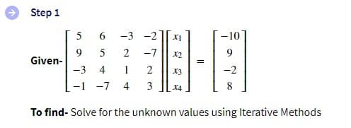 Step 1
5
6
-3 -2
XI
-10
9
5
2
-7
X2
Given-
-3
4 1
2 X3
-2
-1 -7 4 3
8
To find- Solve for the unknown values using Iterative Methods
=