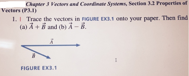 Chapter 3 Vectors and Coordinate Systems, Section 3.2 Properties of
Vectors (P3.1)
1.I Trace the vectors in FIGURE EX3.1 onto your paper. Then find
(a) Ả + B and (b) Ả – B.
FIGURE EX3.1
