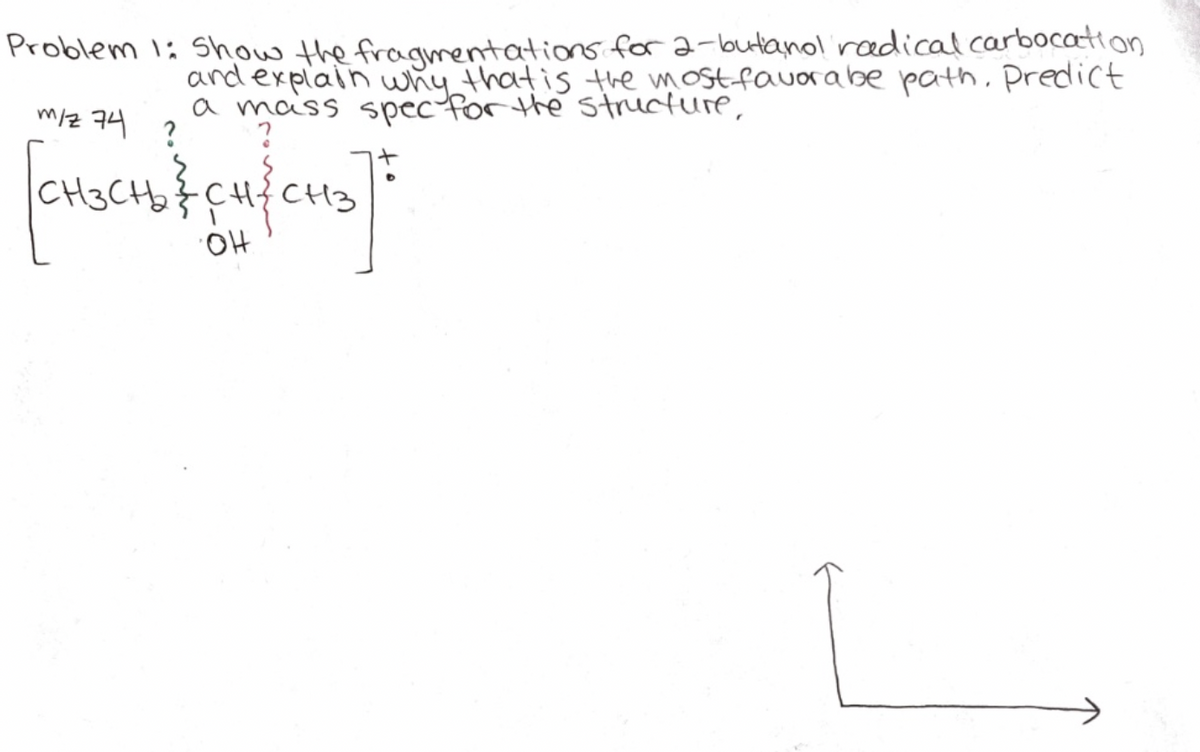 Problem 1: Show the fragmentations fora-butanol radical.carbocation
andexplain why thatis the mostfauorabe path. Predict
a maiss spec-for the structure,
Ht Zlm
CH3CHb
CH3
HO.
