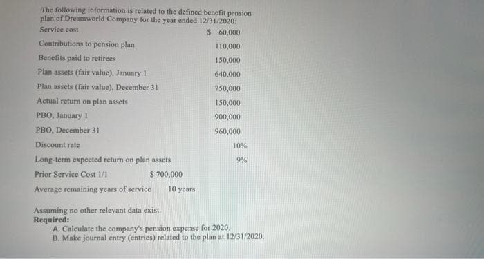 The following information is related to the defined benefit pension
plan of Dreamworld Company for the year ended 12/31/2020:
Service cost
$ 60,000
110,000
150,000
640,000
750,000
150,000
900,000
960,000
Contributions to pension plan
Benefits paid to retirees
Plan assets (fair value), January 11
Plan assets (fair value), December 31
Actual return on plan assets
PBO, January 1
PBO, December 31
Discount rate
Long-term expected return on plan assets
Prior Service Cost 1/1
$ 700,000
Average remaining years of service
Assuming no other relevant data exist.
Required:
10 years
10%
9%
A. Calculate the company's pension expense for 2020.
B. Make journal entry (entries) related to the plan at 12/31/2020.