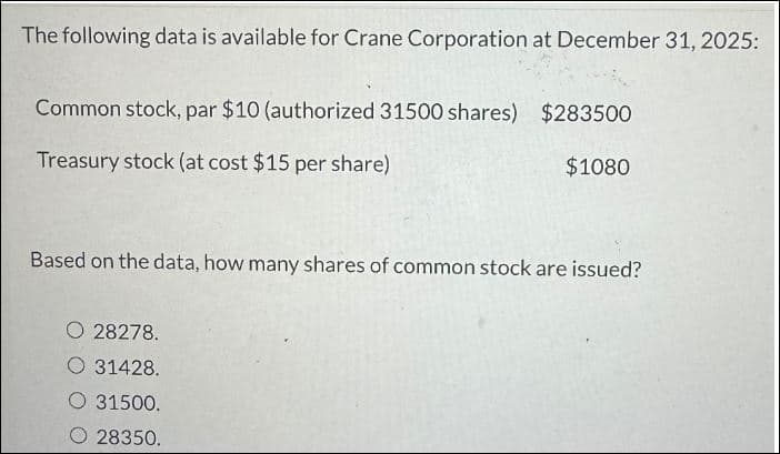 The following data is available for Crane Corporation at December 31, 2025:
Common stock, par $10 (authorized 31500 shares) $283500
Treasury stock (at cost $15 per share)
$1080
Based on the data, how many shares of common stock are issued?
O 28278.
O 31428.
O 31500.
O 28350.