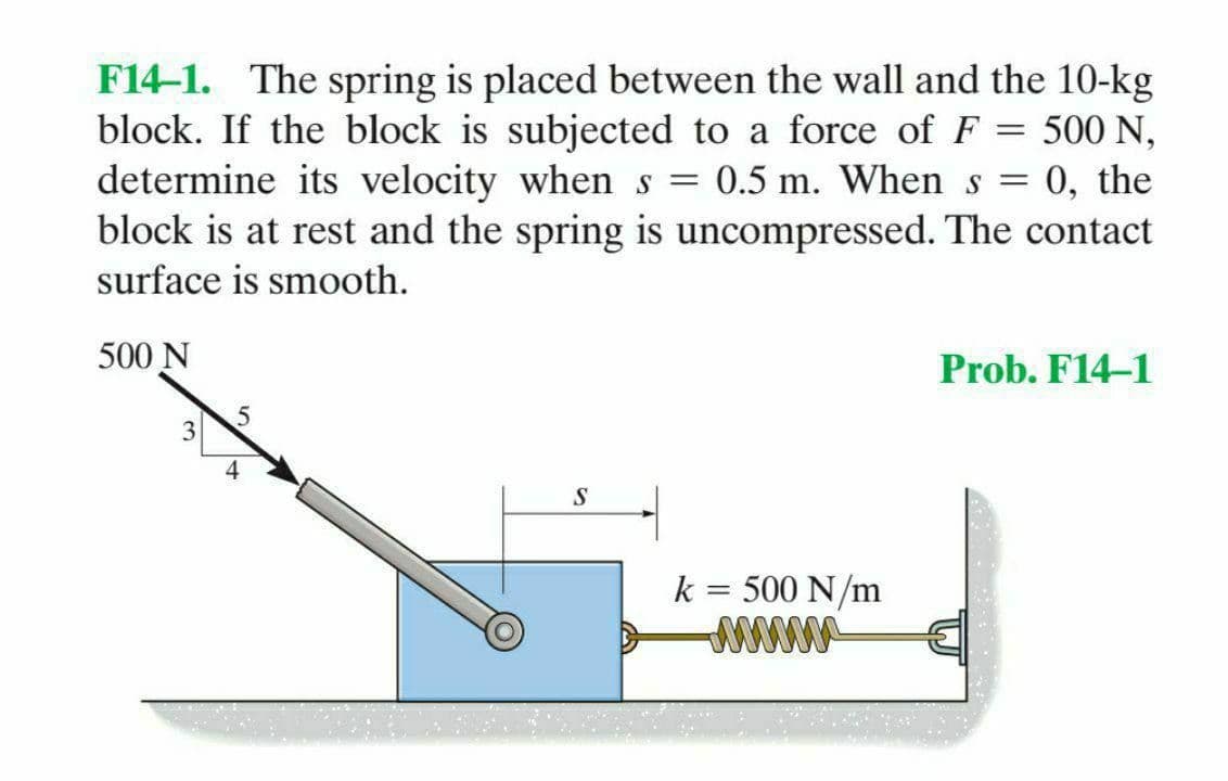 F14-1. The spring is placed between the wall and the 10-kg
block. If the block is subjected to a force of F
determine its velocity when s
block is at rest and the spring is uncompressed. The contact
500 N,
0.5 m. When s
0, the
S =
surface is smooth.
500 N
Prob. F14-1
4.
S
k = 500 N/m
