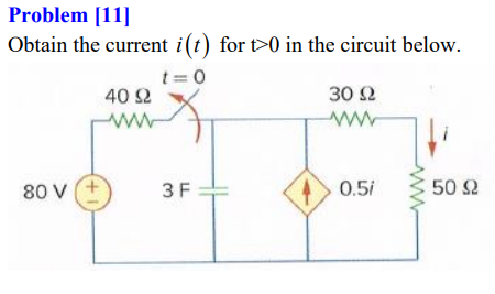 Problem [11]
Obtain the current i(t) for t>0 in the circuit below.
t = 0
40 Ω
30 2
ww
ww
80 V
3F
0.5i
50 2
