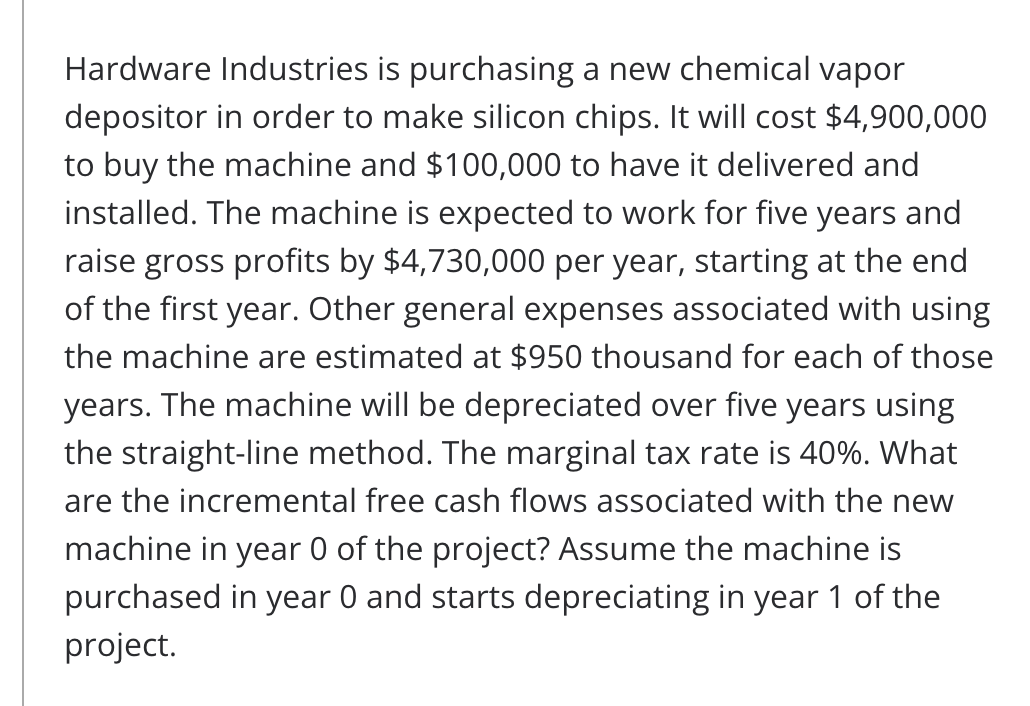 Hardware Industries is purchasing a new chemical vapor
depositor in order to make silicon chips. It will cost $4,900,000
to buy the machine and $100,000 to have it delivered and
installed. The machine is expected to work for five years and
raise gross profits by $4,730,000 per year, starting at the end
of the first year. Other general expenses associated with using
the machine are estimated at $950 thousand for each of those
years. The machine will be depreciated over five years using
the straight-line method. The marginal tax rate is 40%. What
are the incremental free cash flows associated with the new
machine in year 0 of the project? Assume the machine is
purchased in year 0 and starts depreciating in year 1 of the
project.
