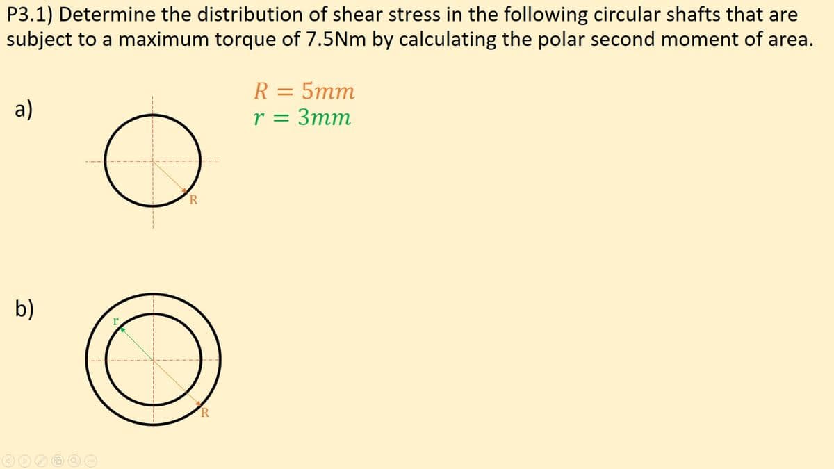 P3.1) Determine the distribution of shear stress in the following circular shafts that are
subject to a maximum torque of 7.5Nm by calculating the polar second moment of area.
R = 5mm
r = 3mm
a)
b)
TR.
