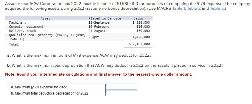 Assume that ACW Corporation has 2022 taxable income of $1,960,000 for purposes of computing the §179 expense. The company
acquired the following assets during 2022 (assume no bonus depreciation): (Use MACRS Table 1, Table 2 and Table 5.)
Asset
Placed in Service
Machinery
12-September
Basis
$ 516,000
Computer equipment
Delivery truck
10-February
21-August
116,000
Qualified real property (MACRS, 15 year,
2-April
150% DB)
Total
139,000
1,426,000
$ 2,197,000
a. What is the maximum amount of $179 expense ACW may deduct for 2022?
b. What is the maximum total depreciation that ACW may deduct in 2022 on the assets it placed in service in 2022?
Note: Round your intermediate calculations and final answer to the nearest whole dollar amount.
a. Maximum §179 expense for 2022
b. Maximum total deductible depreciation for 2022