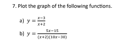 7. Plot the graph of the following functions.
a) y =
b) y =
x-3
x+2
5x-15
(x+2)(10x-30)