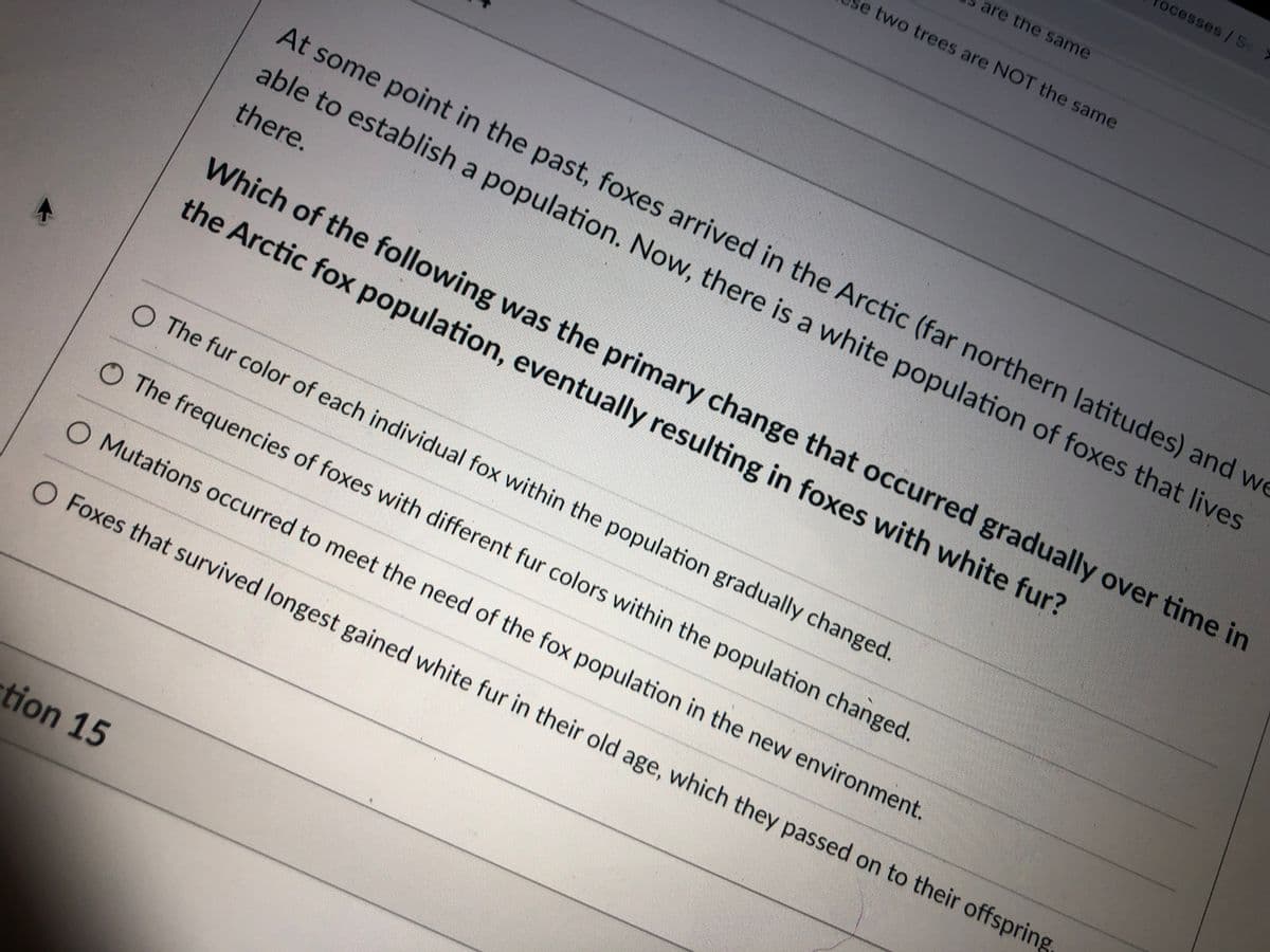 ocesses/Se
are the same
se two trees are NOT the same
At some point in the past, foxes arrived in the Arctic (far northern latitudes) and we
able to establish a population. Now, there is a white population of foxes that lives
there.
Which of the following was the primary change that occurred gradually over time in
the Arctic fox population, eventually resulting in foxes with white fur?
O The fur color of each individual fox within the population gradually changed.
O The frequencies of foxes with different fur colors within the population changed.
O Mutations occurred to meet the need of the fox population in the new environment.
O Foxes that survived longest gained white fur in their old age, which they passed on to their offspring,
tion 15

