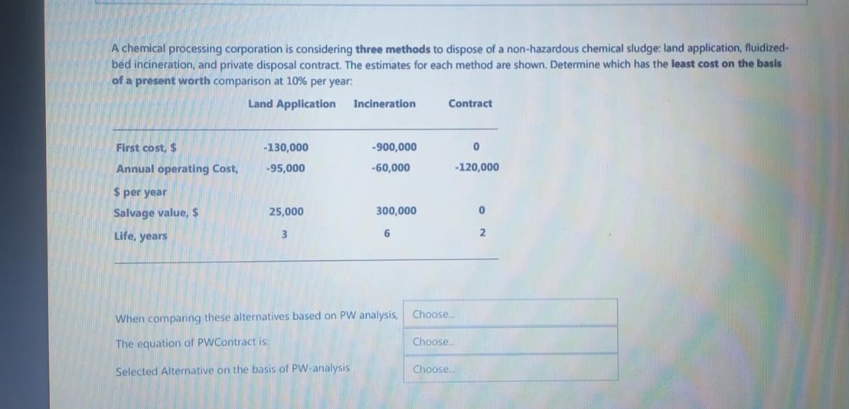 A chemical processing corporation is considering three methods to dispose of a non-hazardous chemical sludge: land application, fluidized-
bed incineration, and private disposal contract. The estimates for each method are shown. Determine which has the least cost on the basis
of a present worth comparison at 10% per year:
Land Application
First cost, $
Annual operating Cost,
$ per year
Salvage value, $
Life, years
-130,000
-95,000
25,000
3
Incineration
-900,000
-60,000
300,000
6
When comparing these alternatives based on PW analysis,
The equation of PWContract is:
Selected Alternative on the basis of PW-analysis
Contract
0
-120,000
Choose...
Choose...
Choose...
0
2