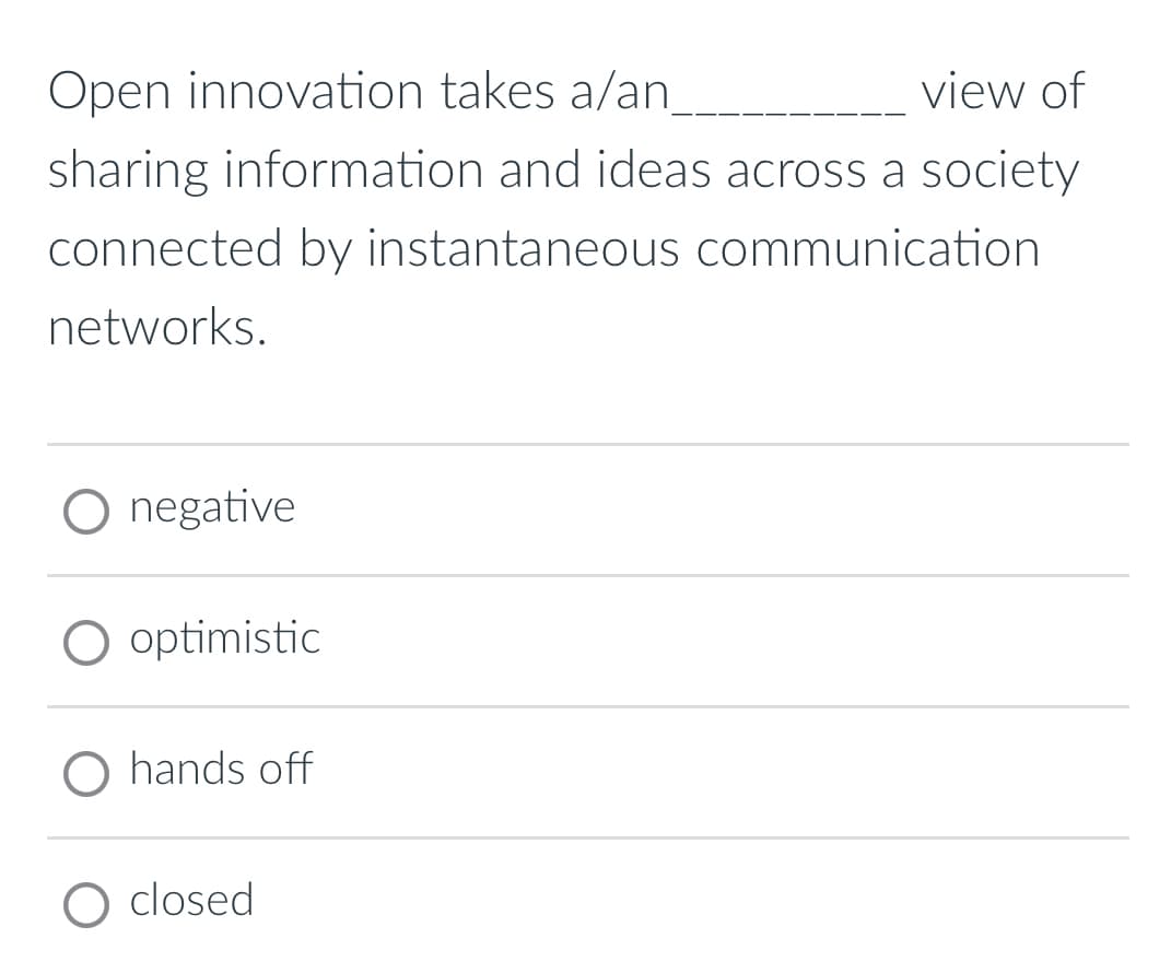 Open innovation takes a/an_
view of
sharing information and ideas across a society
connected by instantaneous communication
networks.
O negative
O optimistic
hands off
O closed