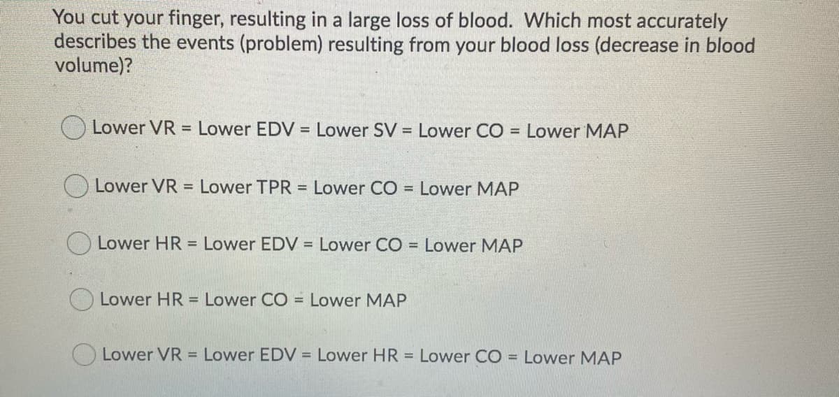 You cut your finger, resulting in a large loss of blood. Which most accurately
describes the events (problem) resulting from your blood loss (decrease in blood
volume)?
Lower VR = Lower EDV = Lower SV = Lower CO = Lower MAP
Lower VR =
Lower TPR = Lower CO
Lower HR = Lower EDV = Lower CO
= Lower MAP
Lower HR = Lower CO = Lower MAP
=
Lower MAP
Lower VR = Lower EDV = Lower HR = Lower CO = Lower MAP