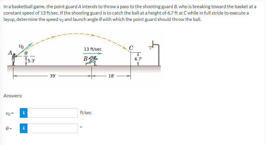 In a basketball game, the point guard A intends to throw a pass to the shooting guard B, who is breaking toward the basket at a
constant speed of 13 ft/sec. If the shooting guard is to catch the ball at a height of 6.7 ft at C while in full stride to execute a
layup, determine the speed vo and launch angle with which the point guard should throw the ball.
A
VO
Answers:
Vo =
0
i
i
5.3'
39'
13 ft/sec
B
ft/sec
18'
C
t
6.7'
V