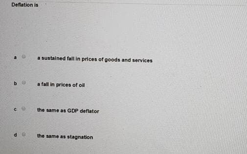 Deflation is
a sustained fall in prices of goods and services
a fall in prices of oil
the same as GDP deflator
the same as stagnation