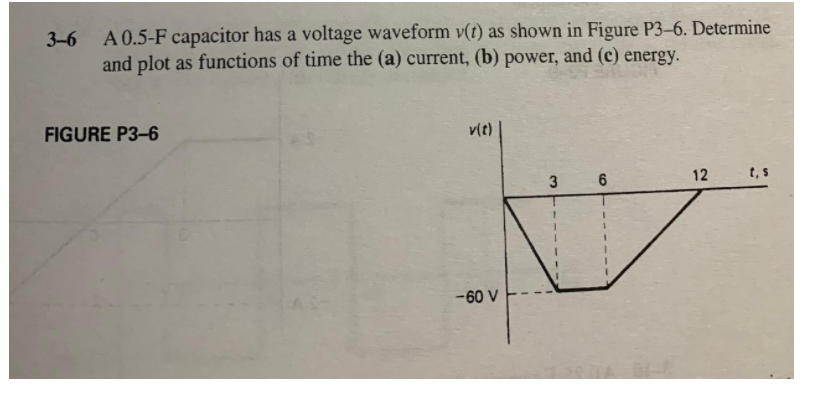 3-6 A 0.5-F capacitor has a voltage waveform v(t) as shown in Figure P3-6. Determine
and plot as functions of time the (a) current, (b) power, and (c) energy.
FIGURE P3-6
v(t)
12
t, s
3
-60 V
