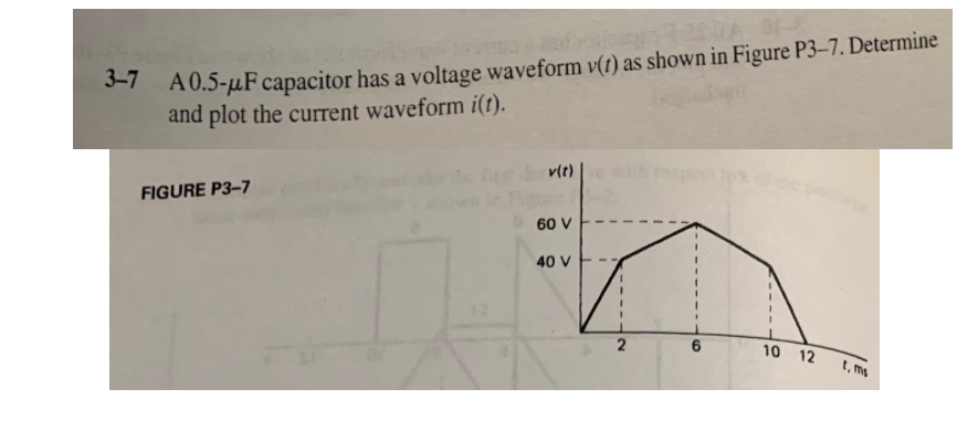 A0.5-µF capacitor has a voltage waveform v(t) as shown in Figure P3–7. Determine
and plot the current waveform i(t).
3-7
v(t)
FIGURE P3–7
60 V
40 V
2
6.
10 12
t, ms
