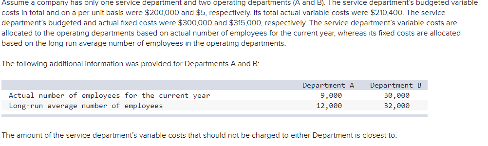 Assume a company has only one service department and two operating departments (A and B). The service department's budgeted variable
costs in total and on a per unit basis were $200,000 and $5, respectively. Its total actual variable costs were $210,400. The service
department's budgeted and actual fixed costs were $300,000 and $315,000, respectively. The service department's variable costs are
allocated to the operating departments based on actual number of employees for the current year, whereas its fixed costs are allocated
based on the long-run average number of employees in the operating departments.
The following additional information was provided for Departments A and B:
Actual number of employees for the current year
Long-run average number of employees
Department A
9,000
12,000
Department B
30,000
32,000
The amount of the service department's variable costs that should not be charged to either Department is closest to: