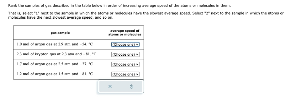 Rank the samples of gas described in the table below in order of increasing average speed of the atoms or molecules in them.
That is, select "1" next to the sample in which the atoms or molecules have the slowest average speed. Select "2" next to the sample in which the atoms or
molecules have the next slowest average speed, and so on.
gas sample
1.0 mol of argon gas at 2.9 atm and -54. °C
2.3 mol of krypton gas at 2.3 atm and -81. °C
1.7 mol of argon gas at 2.5 atm and -27. °C
1.2 mol of argon gas at 1.5 atm and -81. °C
average speed of
atoms or molecules
(Choose one)
(Choose one)
(Choose one)
(Choose one) ✓
X