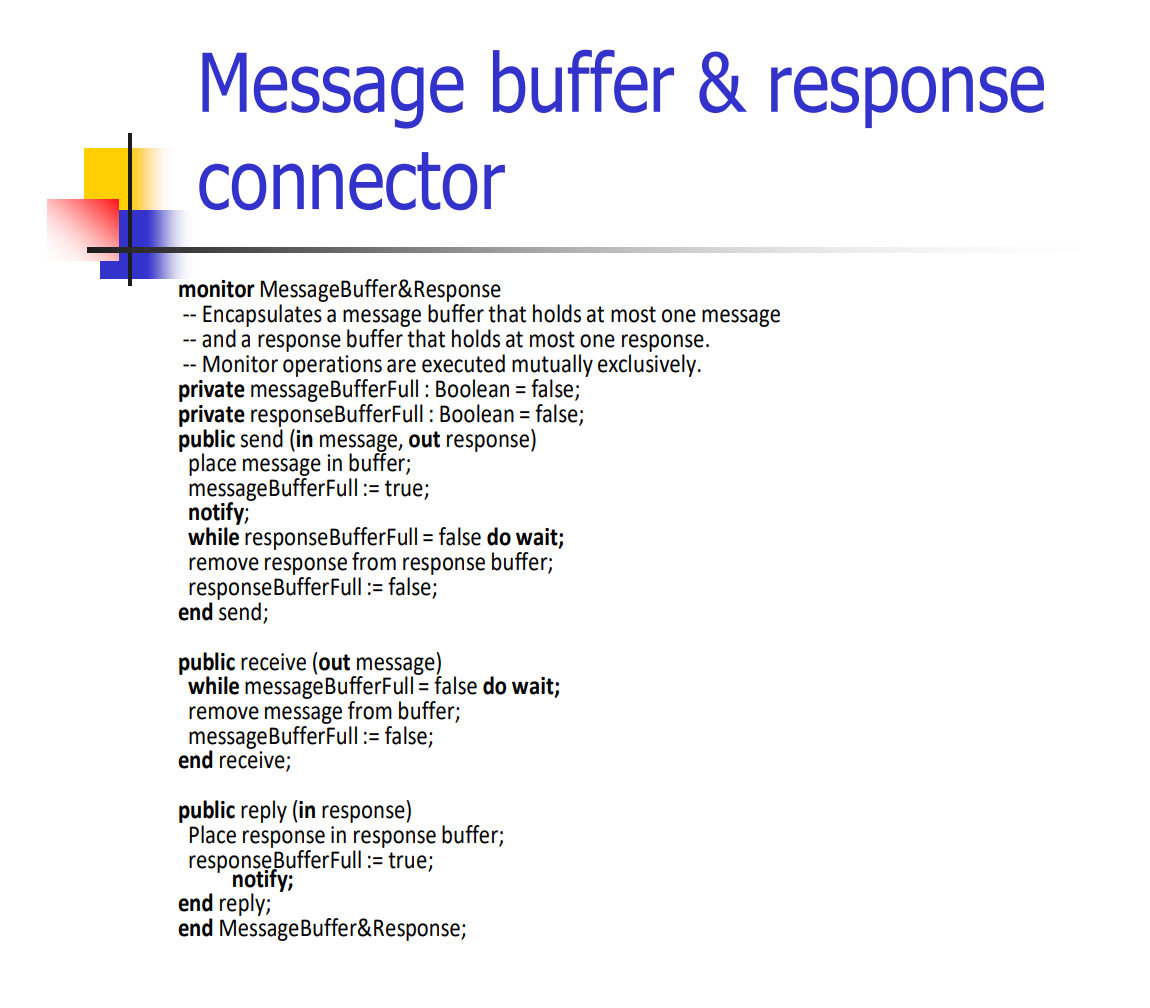 Message buffer & response
connector
monitor MessageBuffer&Response
Encapsulates a message buffer that holds at most one message
-- and a response buffer that holds at most one response.
-- Monitor operations are executed mutually exclusively.
private messageBufferFull : Boolean = false;
private responseBufferFull : Boolean = false;
public send (in message, out response)
place message in buffer;
messageBufferFull:= true;
notify;
while responseBufferFull = false do wait;
remove response from response buffer;
responseBufferFull:= false;
end send;
--
public receive (out message)
while messageBufferFull= false do wait;
remove message from buffer;
messageBufferFull:= false;
end receive;
public reply (in response)
Place response in response buffer;
responseBufferFull:= true;
notify;
end reply;
end MessageBuffer&Response;
