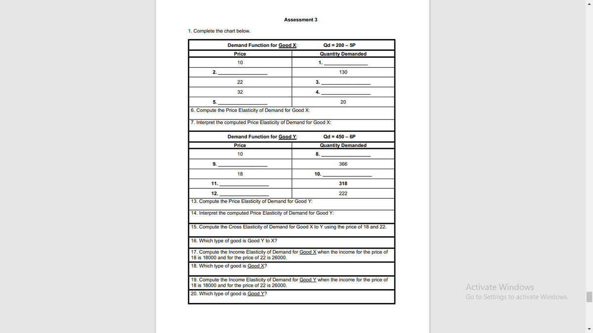 1. Complete the chart below.
2.
9.
Demand Function for Good X:
Price
10
22
32
Assessment 3
Demand Function for Good Y:
Price
10
18
5.
6. Compute the Price Elasticity of Demand for Good X:
7. Interpret the computed Price Elasticity of Demand for Good X:
1.
3.
4.
Qd = 200 - 5P
Quantity Demanded
8.
130
Qd = 450 - 6P
Quantity Demanded
10.
20
366
11.
12.
13. Compute the Price Elasticity of Demand for Good Y:
14. Interpret the computed Price Elasticity of Demand for Good Y:
15. Compute the Cross Elasticity of Demand for Good X to Y using the price of 18 and 22.
16. Which type of good is Good Y to X?
17. Compute the Income Elasticity of Demand for Good X when the income for the price of
18 is 18000 and for the price of 22 is 26000.
18. Which type of good is Good X?
318
222
19. Compute the Income Elasticity of Demand for Good Y when the income for the price of
18 is 18000 and for the price of 22 is 26000
20. Which type of good is Good Y?
Activate Windows
Go to Settings to activate Windows.