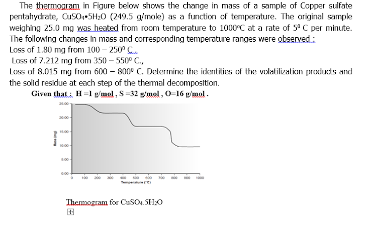 The thermogram in Figure below shows the change in mass of a sample of Copper sulfate
pentahydrate, CuSO++5H2O (249.5 g/mole) as a function of temperature. The original sample
weighing 25.0 mg was heated from room temperature to 1000°C at a rate of 5º C per minute.
The following changes in mass and corresponding temperature ranges were observed :
Loss of 1.80 mg from 100 – 250° C.
Loss of 7.212 mg from 350 – 550° C.,
Loss of 8.015 mg from 600 – 800° C. Determine the identities of the volatilization products and
the solid residue at each step of the thermal decomposition.
Given that. H=1 g/mol, S=32 g/wol , O=16 g/mol .
20.00 -
15.00
10.00
500-
0.00
500 600 700 00 900 1000
Temperature C)
100
200 300
400
Thermogram for CUSO4.5H20
