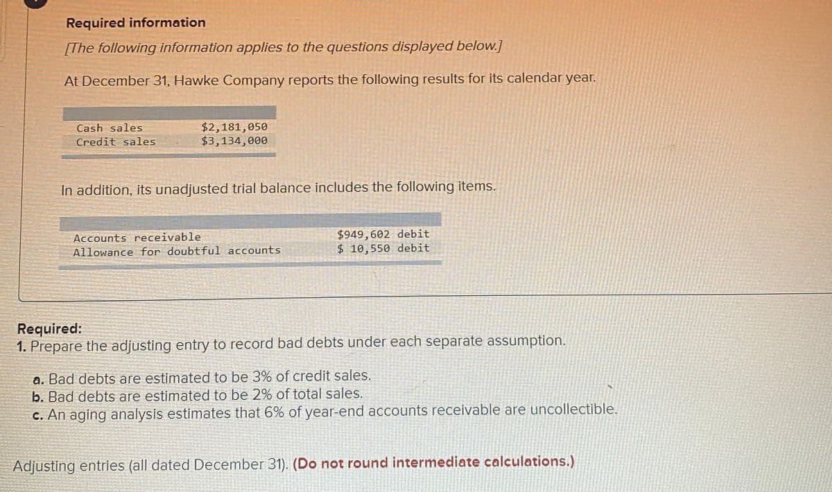 Required information
[The following information applies to the questions displayed below.]
At December 31, Hawke Company reports the following results for its calendar year.
$2,181,050
$3,134,000
Cash sales
Credit sales
In addition, its unadjusted trial balance includes the following items.
$949,602 debit
$ 10,550 debit
Accounts receivable
Allowance for doubtful accounts
Required:
1. Prepare the adjusting entry to record bad debts under each separate assumption.
a. Bad debts are estimated to be 3% of credit sales.
b. Bad debts are estimated to be 2% of total sales.
c. An aging analysis estimates that 6% of year-end accounts receivable are uncollectible.
Adjusting entries (all dated December 31). (Do not round intermediate calculations.)
