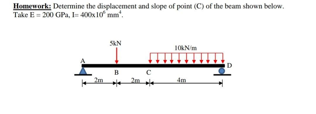 Homework: Determine the displacement and slope of point (C) of the beam shown below.
Take E 200 GPa, I= 400x 106 mm*.
5kN
H
A
B
2m
2m
с
10kN/m
4m
D