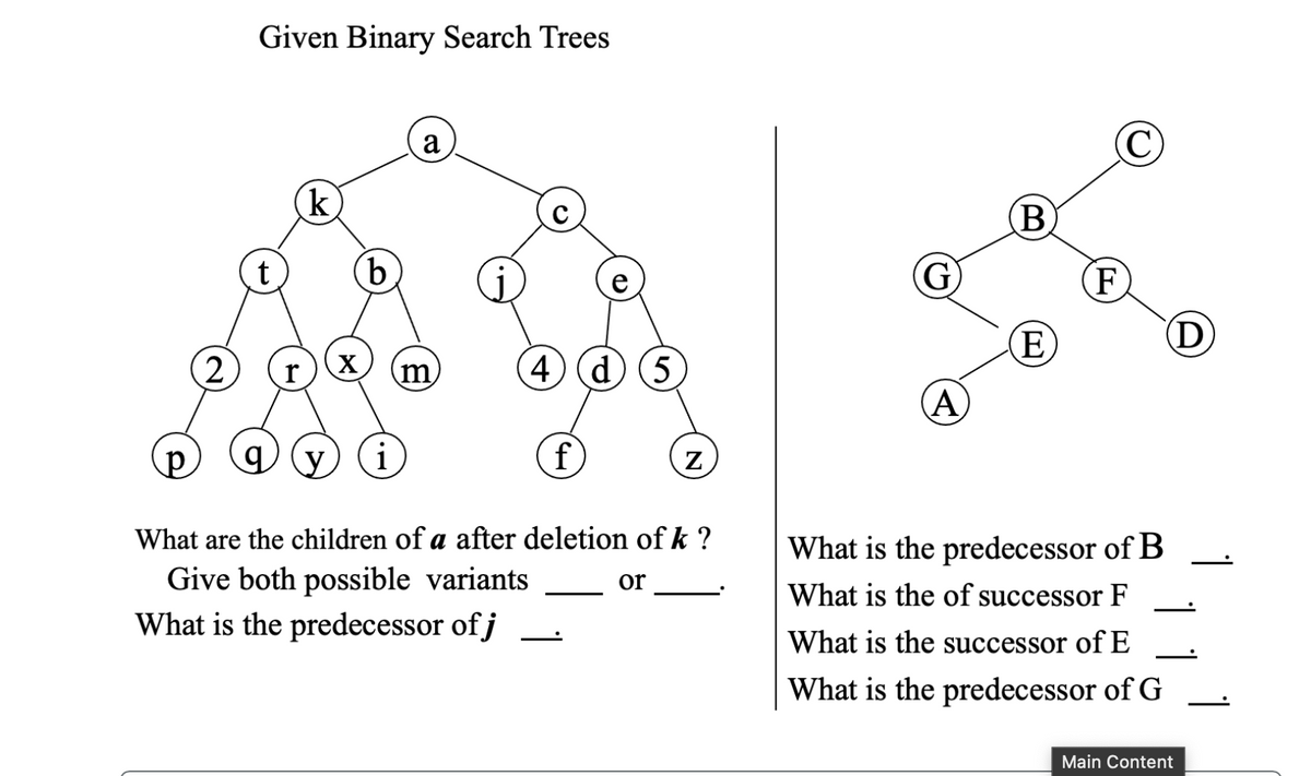 (2
Given Binary Search Trees
t
k
X
b
i
a
m
(4) (d) (5)
f
Z
What are the children of a after deletion of k ?
Give both possible variants
or
What is the predecessor of j
G
(A)
B
E
F
C
What is the predecessor of B
What is the of successor F
What is the successor of E
What is the predecessor of G
(D)
—.
Main Content
