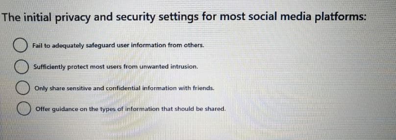 The initial privacy and security settings for most social media platforms:
Fail to adequately safeguard user information from others.
Sufficiently protect most users from unwanted intrusion.
Only share sensitive and confidential information with friends.
Offer guidance on the types of information that should be shared.
