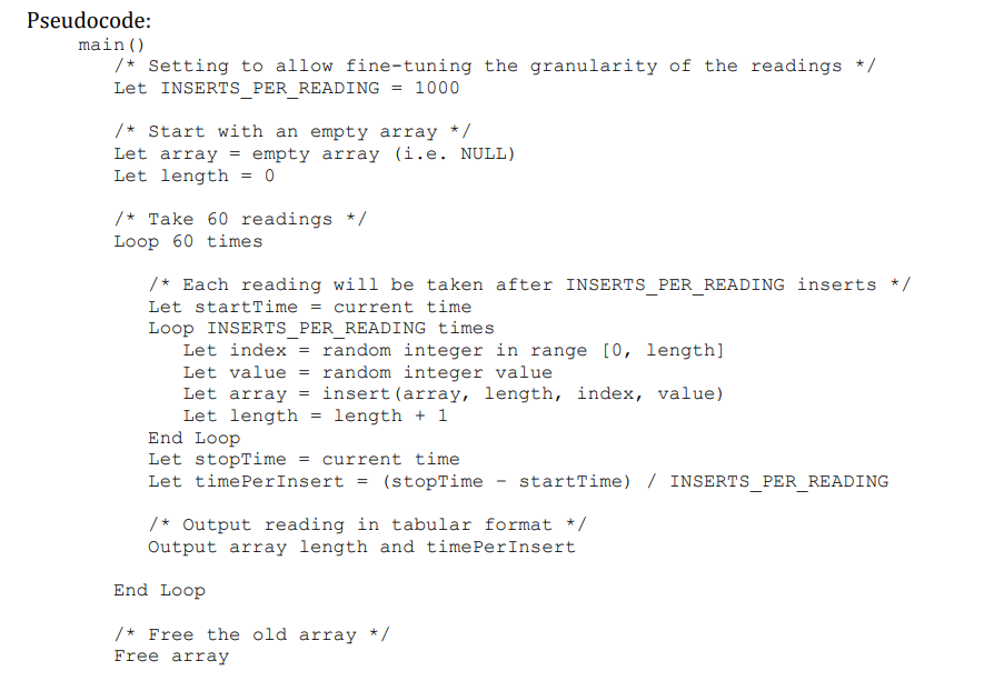 Pseudocode:
main ()
/* Setting to allow fine-tuning the granularity of the readings */
Let INSERTS_PER_READING = 1000
/* Start with an empty array */
Let array = empty array (i.e. NULL)
Let length = 0
/* Take 60 readings */
Loop 60 times
/* Each reading will be taken after INSERTS_PER_READING inserts */
Let startTime = current time
Loop INSERTS_PER_READING times.
Let index = random integer in range [0, length]
Let value = random integer value
Let array = insert (array, length, index, value)
Let length = length + 1
End Loop
Let stopTime = current time
Let time PerInsert
=
(stopTime startTime) / INSERTS_PER_READING
/* Output reading in tabular format */
Output array length and timePerInsert
End Loop
/* Free the old array */
Free array