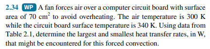 2.34 WP A fan forces air over a computer circuit board with surface
area of 70 cm' to avoid overheating. The air temperature is 300 K
while the circuit board surface temperature is 340 K. Using data from
Table 2.1, determine the largest and smallest heat transfer rates, in W,
that might be encountered for this forced convection.
