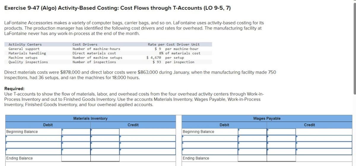 Exercise 9-47 (Algo) Activity-Based Costing: Cost Flows through T-Accounts (LO 9-5, 7)
LaFontaine Accessories makes a variety of computer bags, carrier bags, and so on. LaFontaine uses activity-based costing for its
products. The production manager has identified the following cost drivers and rates for overhead. The manufacturing facility at
LaFontaine never has any work-in-process at the end of the month.
Activity Centers
General support
Materials handling
Machine setups
Quality inspections
Cost Drivers
Number of machine-hours
Direct materials cost
Number of machine setups
Number of inspections
Rate per Cost Driver Unit
$9 per machine-hour
8% of materials cost
$ 4,670 per setup
$ 93 per inspection
Direct materials costs were $878,000 and direct labor costs were $863,000 during January, when the manufacturing facility made 750
inspections, had 36 setups, and ran the machines for 18,000 hours.
Required:
Use T-accounts to show the flow of materials, labor, and overhead costs from the four overhead activity centers through Work-in-
Process Inventory and out to Finished Goods Inventory. Use the accounts Materials Inventory, Wages Payable, Work-in-Process
Inventory, Finished Goods Inventory, and four overhead applied accounts.
Materials Inventory
Debit
Credit
Beginning Balance
Ending Balance
Wages Payable
Debit
Credit
Beginning Balance
Ending Balance