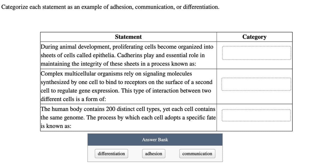 Categorize each statement as an example of adhesion, communication, or differentiation.
Statement
During animal development, proliferating cells become organized into
sheets of cells called epithelia. Cadherins play and essential role in
maintaining the integrity of these sheets in a process known as:
Complex multicellular organisms rely on signaling molecules
synthesized by one cell to bind to receptors on the surface of a second
cell to regulate gene expression. This type of interaction between two
different cells is a form of:
The human body contains 200 distinct cell types, yet each cell contains
the same genome. The process by which each cell adopts a specific fate
is known as:
differentiation
Answer Bank
adhesion
communication
Category