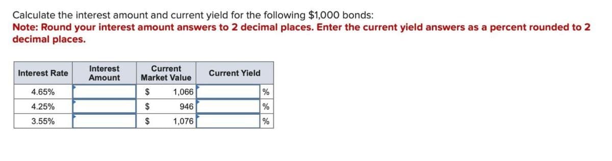 Calculate the interest amount and current yield for the following $1,000 bonds:
Note: Round your interest amount answers to 2 decimal places. Enter the current yield answers as a percent rounded to 2
decimal places.
Interest
Interest Rate
Amount
Current
Market Value
Current Yield
4.65%
$
1,066
%
4.25%
$
946
%
3.55%
$
1,076
%