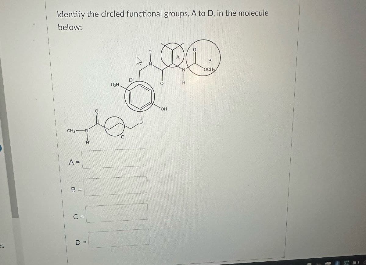 Identify the circled functional groups, A to D, in the molecule
below:
CH3 N
H
A =
B =
C =
D =
es
O₂N.
OH
B
N
OCH